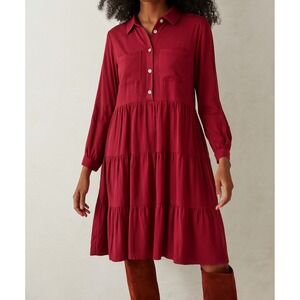 Leia n Co sz L Womens Maroon Tiered Collared Long Sleeve Button Midi Dress Fall